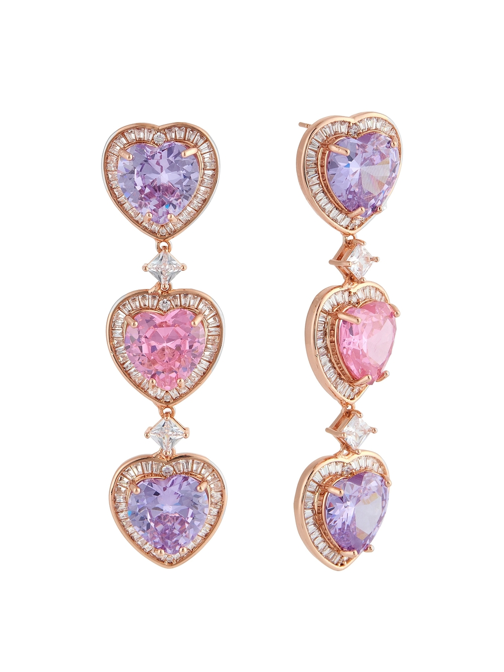 Hey Maeve Heart Drop Earrings in Rose Gold with Pink & Purple Heart-Shaped Stone